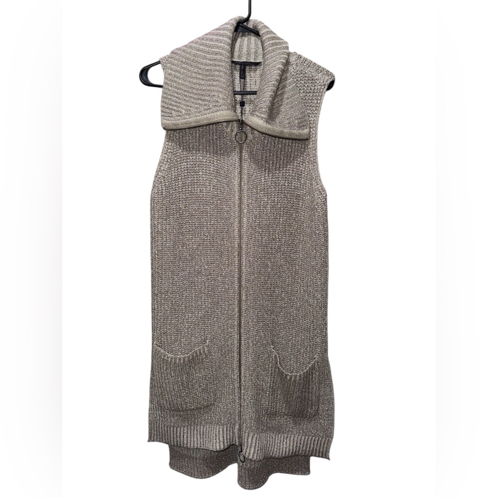 BCBG Maxazria Long Zip Knit Sweater Vest Glitter Gold Medium